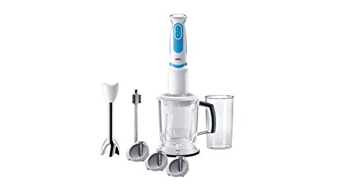 Braun batidora de mano MQ 5260WHBL - Batidora de mano MultiQuick 5 Vario con pie de acero inoxidable y cortador en espiral, 1000 W, incluye una amplia gama de accesorios, color blanco y azul