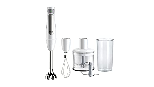 Braun Hogar MultiQuick 7 Batidora de Brazo, Control de Salpicaduras, Apta para Lavavajillas, Bol de Plástico sin BPA de 600ml, Batidor, Picadora 500ml, Cuchilla para Hielo, MQ7035I, 1000W, Blanco