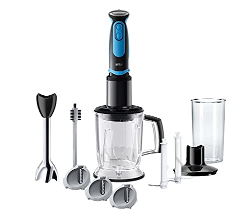 Braun batidora de mano MQ 5264BKBL - Batidora de mano MultiQuick 5 Vario Fit con pie de acero inoxidable y cortador en espiral, 1000 W, incluye una amplia gama de accesorios, color negro y azul