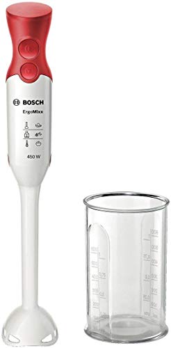 Bosch ErgoMixx MSM64010 - Batidora de mano, 450 W, velocidad Turbo, cúpula con cuatro cuchillas, con vaso de mezclas, color rojo y blanco