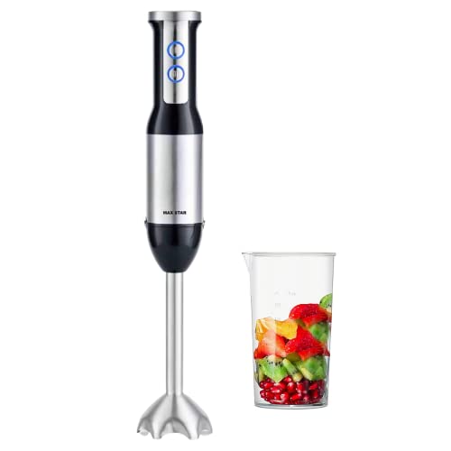 Max Star Batidora de Mano 2 Velocidades 600W Cuchillas de Acero Inoxidable Robustas Mango Ergonómica Incluye vaso Medidor 500ml Pie Desmontable Material de Acero Inoxidable Luz LED Función Turbo