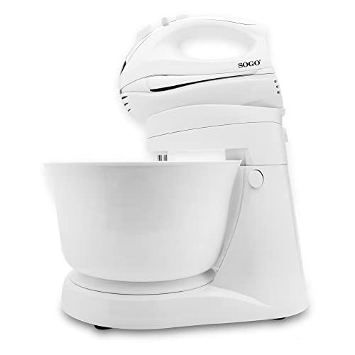 SOGO SS-14290 Amasadora para Repostería, Pan y más, Mezcladora y Batidora de Varillas, Con bol Giratorio 3L sin tapa, Con 5 velocidades + Turbo, Sin BPA 300W Blanco