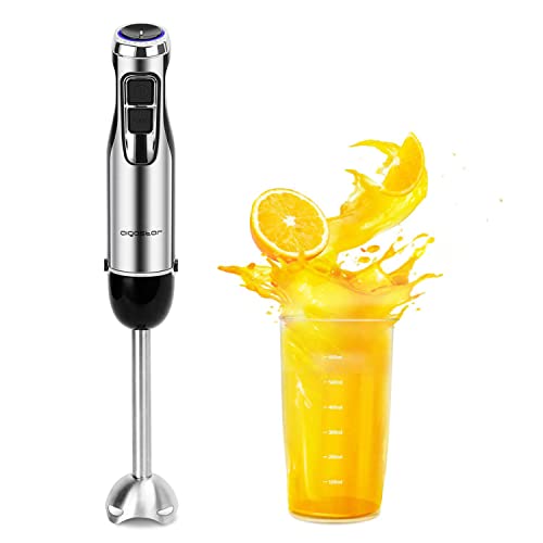 Aigostar Mixmaster - Batidora Mano, 1000 W, 4 Cuchillas de Acero Inoxidable 304, Batidora de mano con 6 Velocidades y Función Turbo. Incluye un Vaso Medidor de 600 ml. Libre de BPA. Negro y plateado