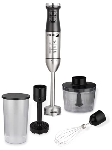 Fagor Batidora de mano DIVAMIX Plus 800W de potencia. Incluye 4 accesorios: Vaso medidor 700ml, minicpicadora de 500ml, Varillas emulsionadoras y pasapurés. Pie desmontable de acero inoxidable.