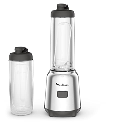 Moulinex Mix & Move LM15FD - Batidora individual, con potencia de 300 W, batidora smoothie de 4 cuchillas con 2 recipientes portátiles de 600 ml, 1 velocidad, para zumos y smoothies, acero inoxidable