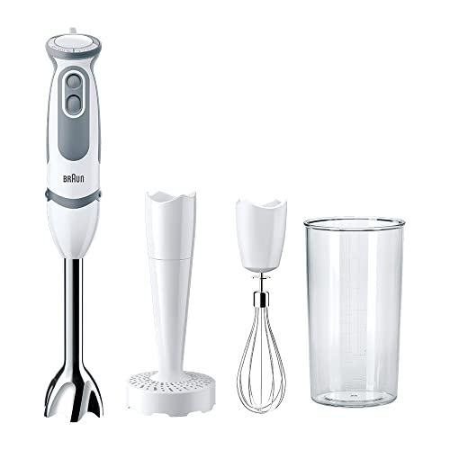 Braun Minipimer 5207 - Batidora de Mano, 1000 W, 21 Velocidades y Función Turbo, Campana Anti-salpicaduras, Powerbell Plus, Easy-Click, Incluye Varillas, Pasapuré, Vaso Medidor de 600 ml, Blanco