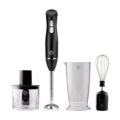 MasterChef Batidora Mano 4 en 1, Picadora Electrica, Batidor de Varillas y Brazo Blender, 2 Velocidades, Perfecto para Hornear, hacer Sopas y Aderezos, 200W, Plastico y Acero Inoxidable, Negro