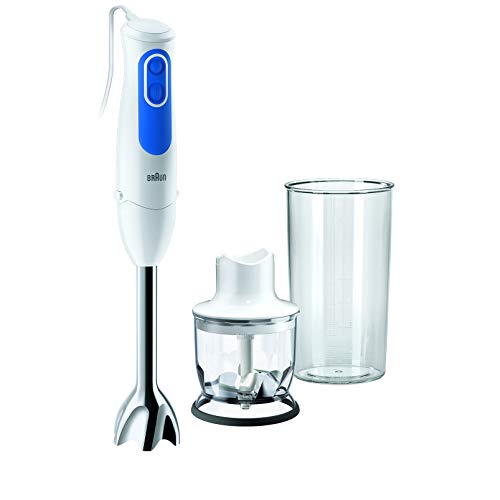 Braun Minipimer 3 MQ3020 - Batidora de mano de 700W con Brazo Metálico, 2 velocidades, Antisalpicaduras, 2 Accesorios (Minipicadora de 350 ml, Vaso Medidor 600 ml), Color Blanco y Azul