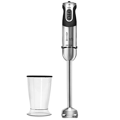 Cecotec Batidora de Mano Powerful Titanium 1000. 1000 W, Pie Extralargo, 4 Hojas con Recubrimiento de Titanio, 21 Niveles y Turbo, Incluye Vaso de 500 ml con tapa, Libre BPA, Acero/Negro