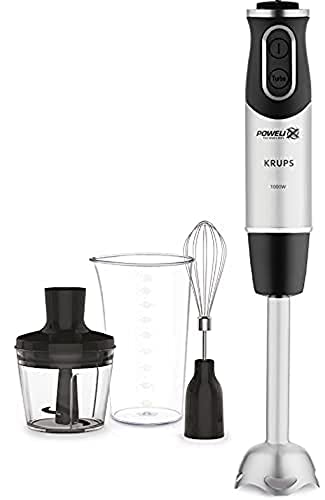 Krups HZ6568 Steffen Henssler Special Edition Batidora de vaso con picadora de 500 ml, vaso medidor de 800 ml, 1000 W, 4 cuchillas extraafiladas, tecnología Powelix, acero inoxidable/gris oscuro