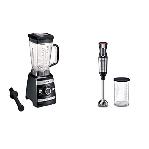 Bosch MMBH6P6B VitaBoost Batidora de vaso, 1600 W, 2 litros, color negro & Bosch ErgoMixx Style MS62M6110 - Batidora de mano, potencia de 1000 W, 12+1 velocidades, con vaso medidor, color Metallic