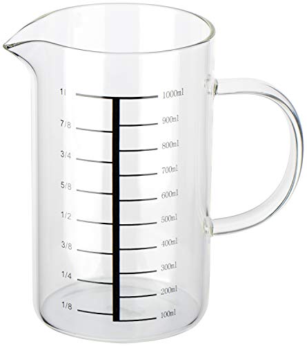 COM-FOUR® vaso medidor de vidrio resistente a la temperatura - recipiente dosificador con asa - jarra de vidrio de 1000 ml con balanza - ayudante de cocina (01 pieza - taza medidora 1L)