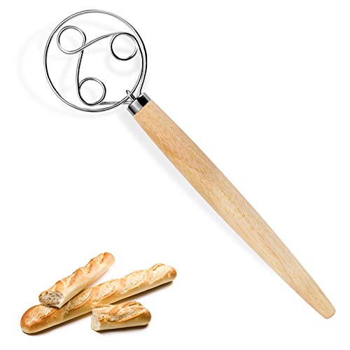 Batidor de masa, batidor de masa de mano de madera de 13 pulgadas para pan, versión mejorada del batidor danés de 3 ojos, diámetro de alambre de acero inoxidable, herramientas para hornear cocina