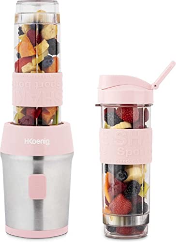 H.Koenig SMOO12 Batidora de Vaso Individual, Licuadora Portátil para Smoothies de Frutas y Verduras, Capacidad de 570 Ml, 300 W, Incluye 2 Botellas Deportivas Portátiles, Sin BPA, Rosa Palo