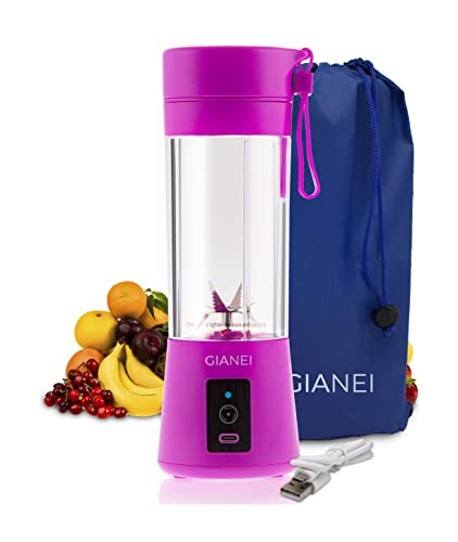 Gianei Batidora portatil recargable USB - Mini batidora multifuncional, licuadora para zumos y batidos, licuadora para verduras y frutas con estuche de transporte. 380ml, 6 hojas de acero inoxidable