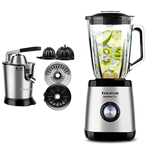 Taurus Easy Press Exprimidor Electrico, Acero Inoxidable + Optima Magnum Batidora de vaso, 1000 W, 1.5 L, acero inoxidable