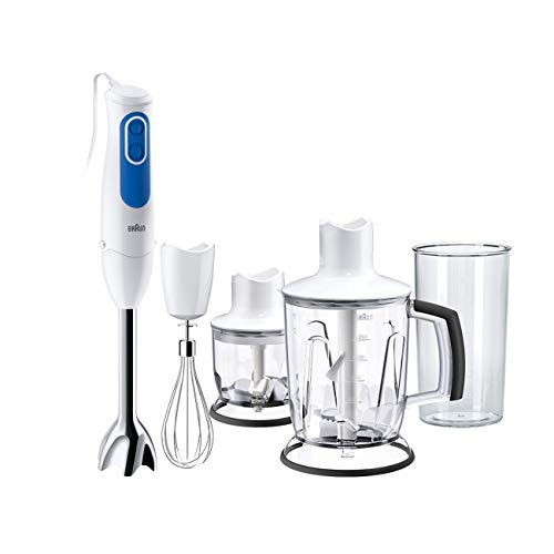 Braun Minipimer 3 MQ3045 - Batidora de Mano de 700W Metálico, 2 Velocidades, Antisalpicaduras, 4 Accesorios (Varilla, Procesador de Alimentos, Minipicadora de 350 ml, Vaso de 600 ml) Blanco/Azul