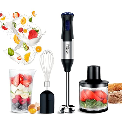 SOKANY batidora de mano 1000W, 5 Velocidad regulable + Turbo, 4-in-1 Picadora eléctrica Acero inoxidable Incluye Vaso medidor, Picador y Emulsionador | Pica hielo, alimentos congelados, frutos secos