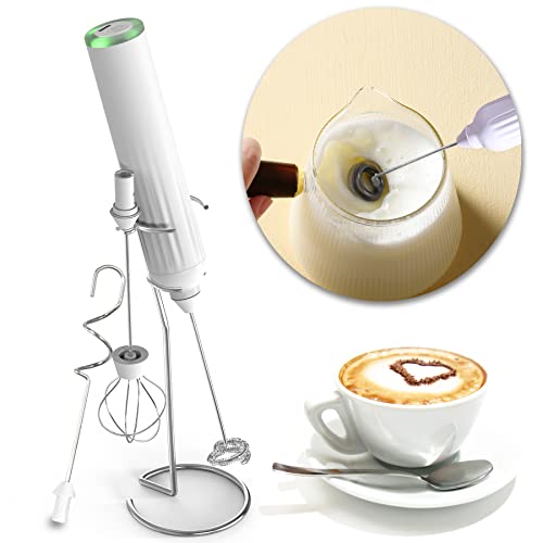 YEAHTOP Espumador de Leche Eléctrico de Mano, Mini Mezclador Batidora de Leche con Soporte de Acero Inoxidable, 3 Batidores y 3 Velocidades LED Luces, USB Recargable Type-C, para Huevos Café Bebidas