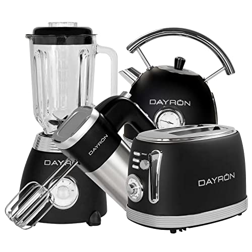 Dayron - Pack Retro Batidora de Jarra + Batidora Amasadora + Tostadora + Hervidor de Agua, Acero Inox., Hogar, Cocina, PAE, Pack Electrodomésticos, Libre BPA, Diseño Vintage, Color Negro/Plata