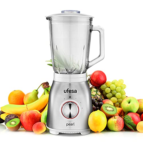 Ufesa BS4900 Pearl Batidora de Vaso, 1000W, Jarra de Cristal de 1.5L, Control Eléctronico LED de Velocidad, Cierre Hermético, Pica Hielo, 6 Cuchillas de Acero Inoxidable, Libre de BPA, Inox Blanco