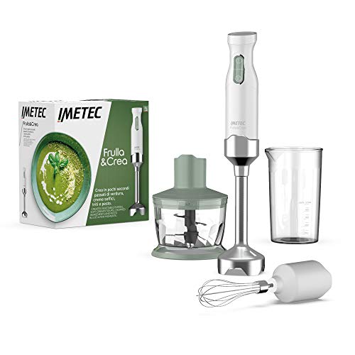 Imetec Frulla&Crea, Batidora de Mano, 3 accesorios, picadora, batidor y vaso sin BPA, pie extragrande, 2 velocidades, 1000 W, 15.000 rpm