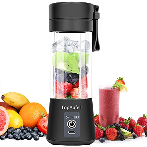 TopAufell Mini licuadora portátil,licuadora personal,vaso exprimidor portátil/mezclador de frutas eléctrico/batidora de zumo,con carga USB,seis cuchillas en 3D para una excelente mezcla,380 ml (negro)