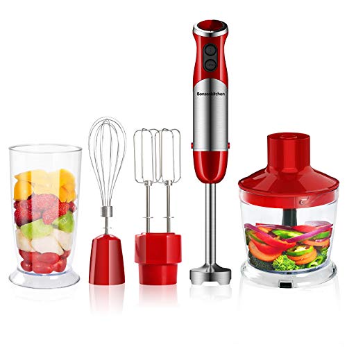 Bonsenkitchen Batidora de Mano 5 en 1, Batidora Multifuncional de Acero Inoxidable de 800 W con Picadora de 500 ml, Vaso Medidor de 600 ml, batidor, Batidoras, 12 Velocidades, sin BPA HB8005 (rojo)