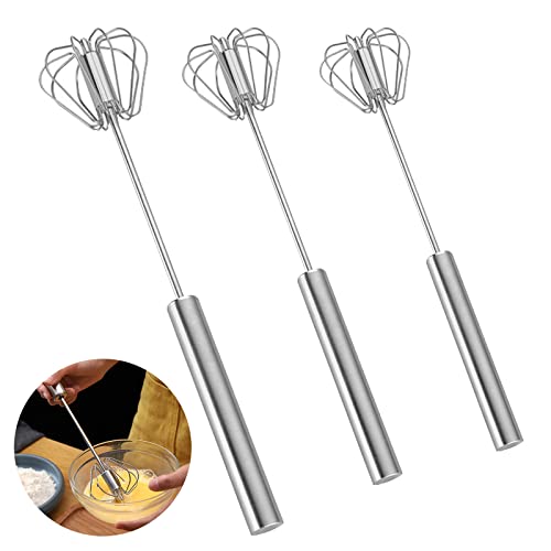 HUTVD 3 Piezas Batidor Semiautomático, Batidor de Cocina de Acero Inoxidable Batidor de Mano Batidor Giratorio Juego de Batidor Más Mano de Obra y Ahorro de Tiempo para Cocinar, Revolver, Plateado