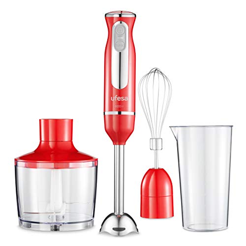 Ufesa BP3443 Batidora de Mano, Potencia 600 W, Función Turbo, 2 Cuchillas y Pie en Acero Inoxidable, Diseño Ergonómico y Anti Salpicaduras, Accesorios Incluidos, Sin BPA, Color Rojo (Advanced Red)