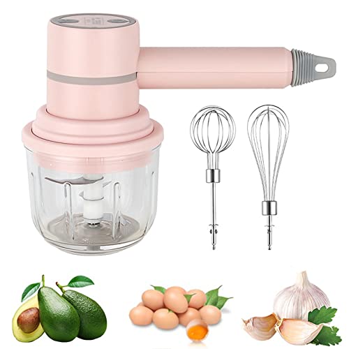 Holzsammlung 2 En 1 Batidora de Mano, Picadora Electrica Batidora Mini Robot de Cocina Picadora de Alimentos Recargable USB para Crema Huevo, Verduras, Carne, Jengibre, Comida para Bebé (250ML)