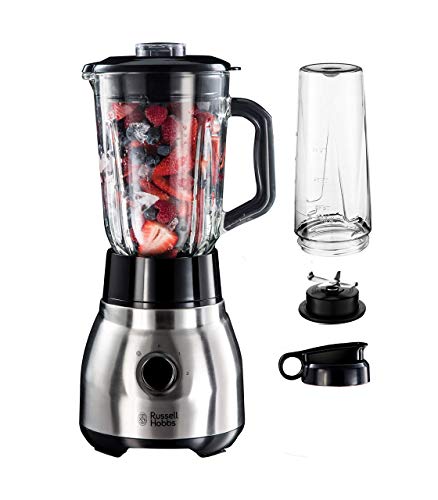 Russell Hobbs Batidora de Vaso 2 en 1 Stainless-Steel - Batidora Smoothie, Jarra de Cristal 1,5L, Vaso para Zumos y Batidos, Cuchilla Acero Inoxidable 4 Puntas, Bloqueo de Seguridad, Plata - 23821-56