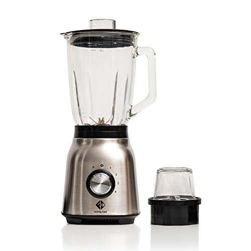 Family Care Batidora de Vaso, 1250 W, Licuadoras para Zumos y Batidos, 6 Cuchillas Titanium, Jarra Vidrio 1,5 L, 4 Velocidades + Turbo, Molinillo Café, Acero Inoxidable