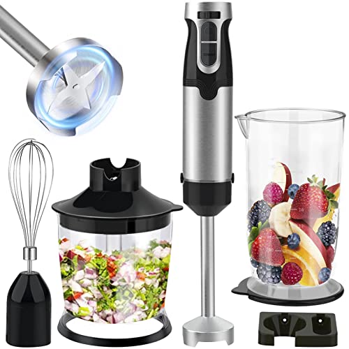 Huntertall kitchen Juego de batidora de mano 4 en 1, de acero inoxidable, 1000 W con función turbo, velocidad sin niveles, cuchillo de 4 aspas, vaso mezclador de 700 ml, picadora, ergonómico