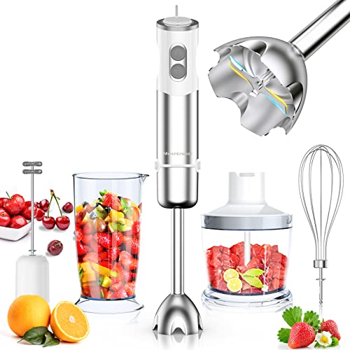 Housiwill Batidora Mano, Batidora de Mano Multifunción 5 en 1 1000W, 12 Velocidades Ajustables Batidora de Brazo con Batidor de Huevos, Vaporizador de Leche, Picadora de 500ml, Vaso Medidor de 600ml