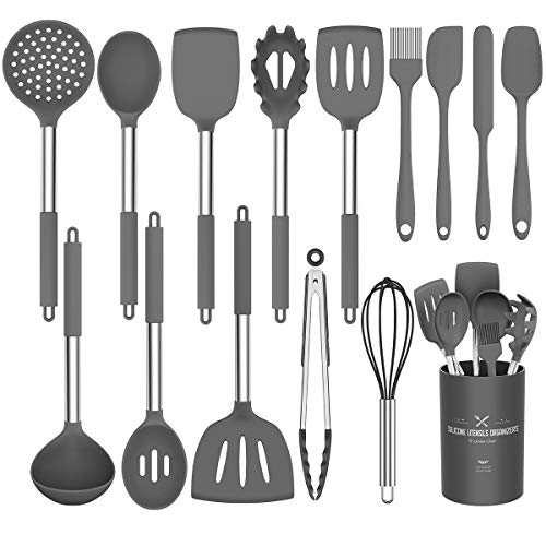 Umite Chef - Juego de utensilios de cocina, 15 piezas de silicona, resistente al calor, antiadherente, sin BPA, mango de acero inoxidable, espátulas, pinzas, batidor y utensilios de cocina