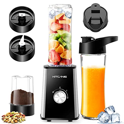 KITCANIS Mini batidor 3 en 1, batidora de 600 W, batidora eléctrica, 3 velocidades ajustables, 2 botellas portátiles de 600 ml y 300 ml para helado, frutas, verduras, nueces