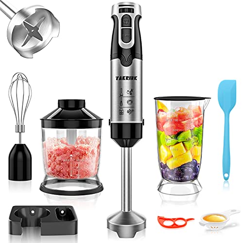 TAKRINK 9 en 1 Batidora de Mano 1500W con Alta Potencia Turbo con Picadora de 500ml para Machacador y Sopa Batidor Vaso de Plástico sin BPA de700ml Apto para Bebé Antisalpicadura y Antideslizante